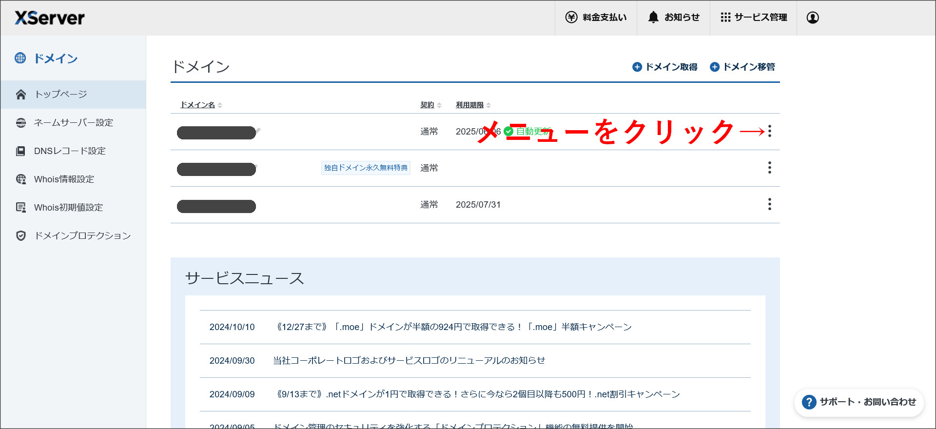 XServerドメインの契約管理ページ