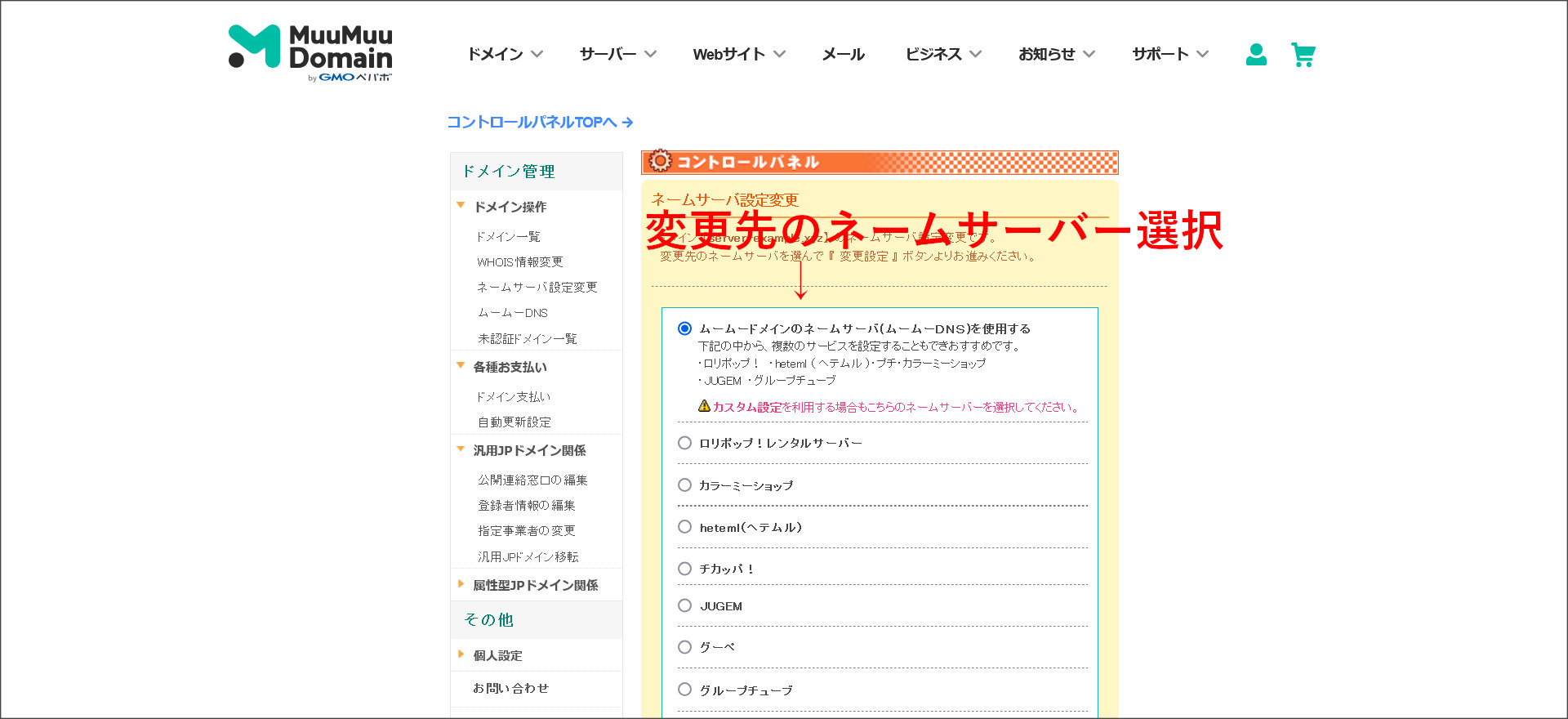 ムームードメインのネームサーバ設定画面