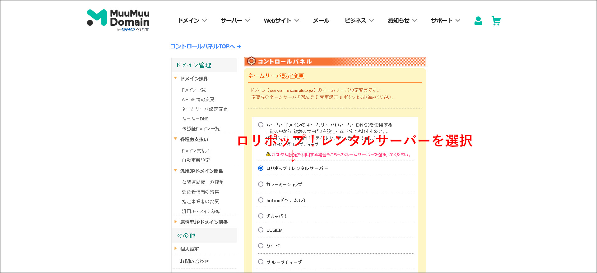 ムームードメインのネームサーバ設定画面